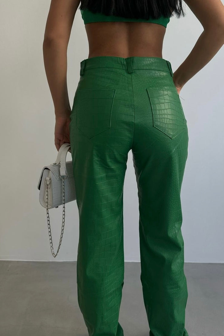 Snake Print Green Leather Pants