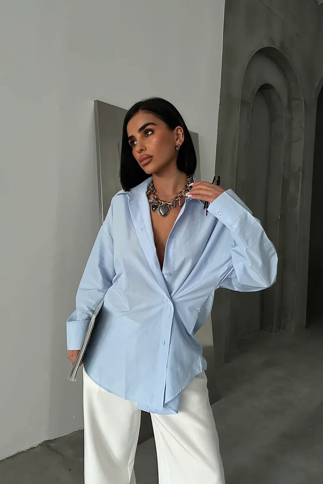 Unique Combinations with Pleated Waist Button-Up Shirt