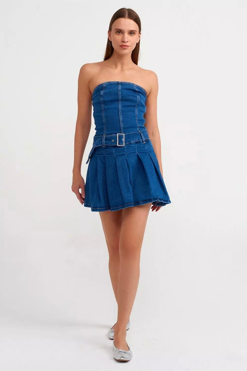 Denim Micro Mini Pleated Dress