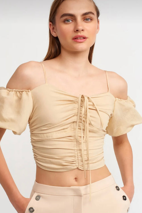 Puff Sleeve Drawstring Crop Top