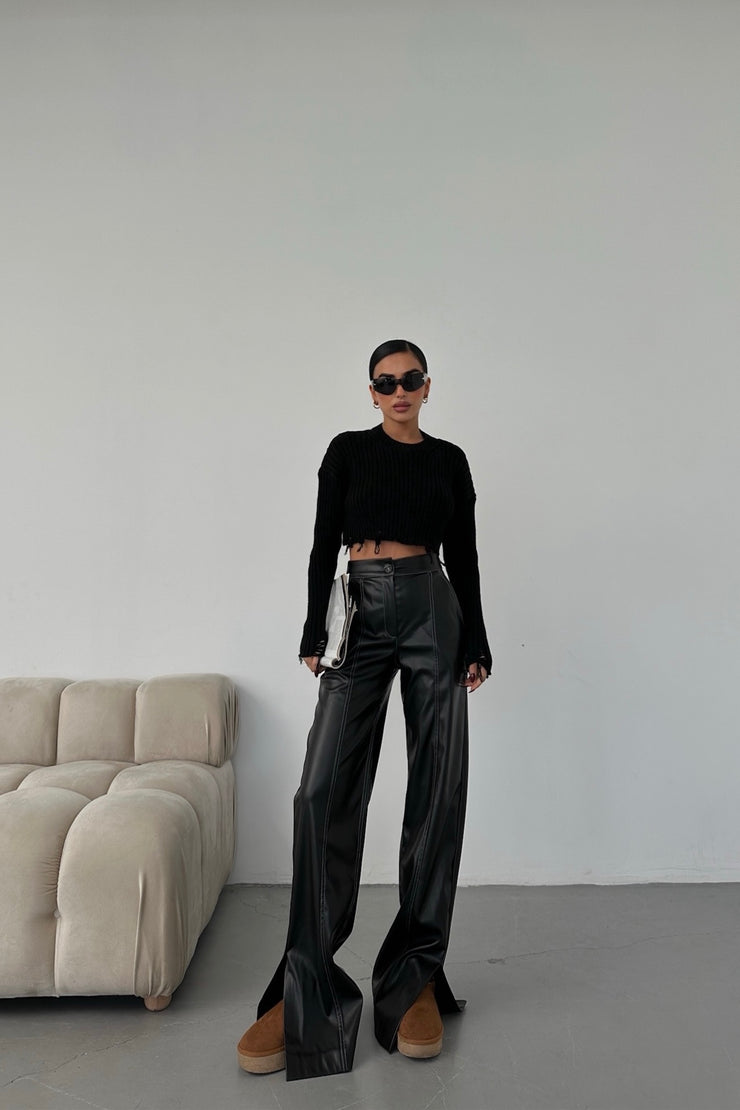 Black Faux Leather Pants with White Stitch