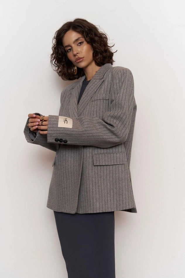 Gray Double-Breasted Pinstripe Blazer