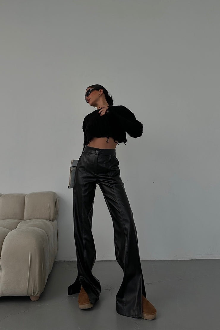 Black Faux Leather Pants with White Stitch