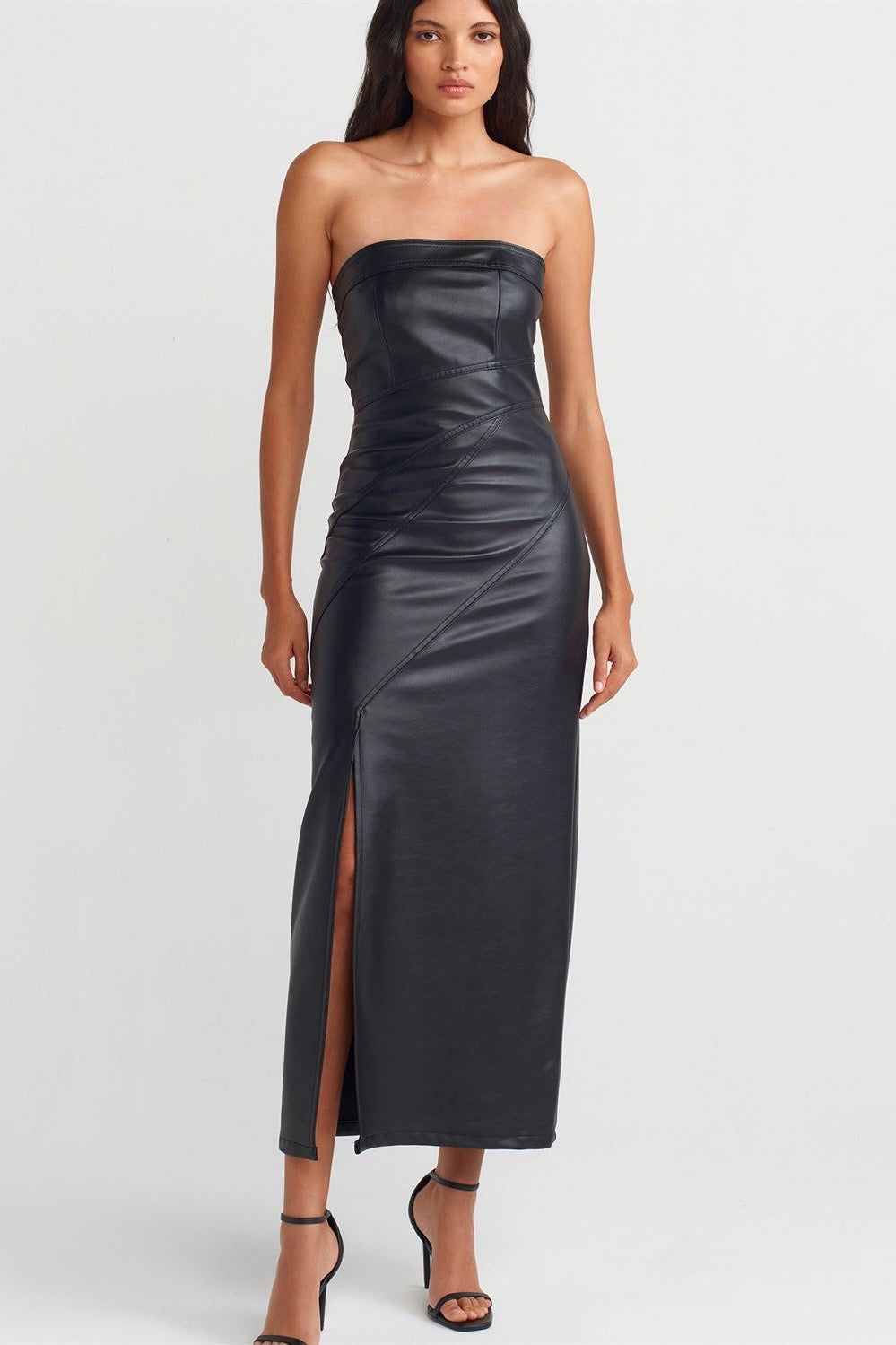 Front Slit Faux Leather Dress