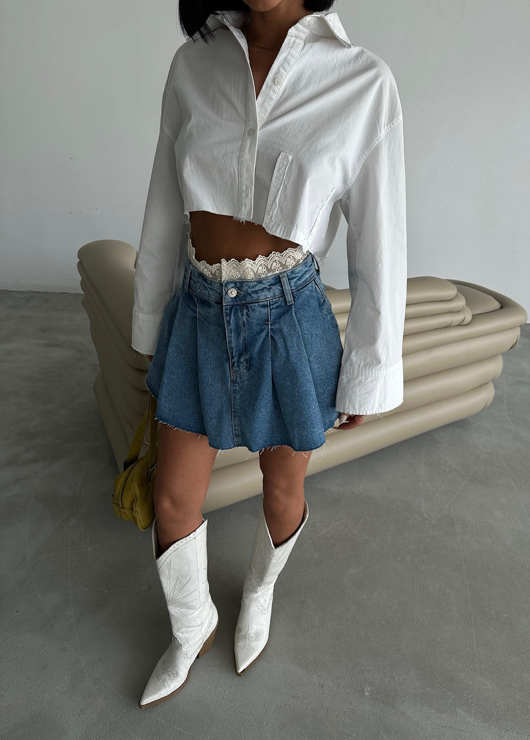 Pleated Denim Mini Skort