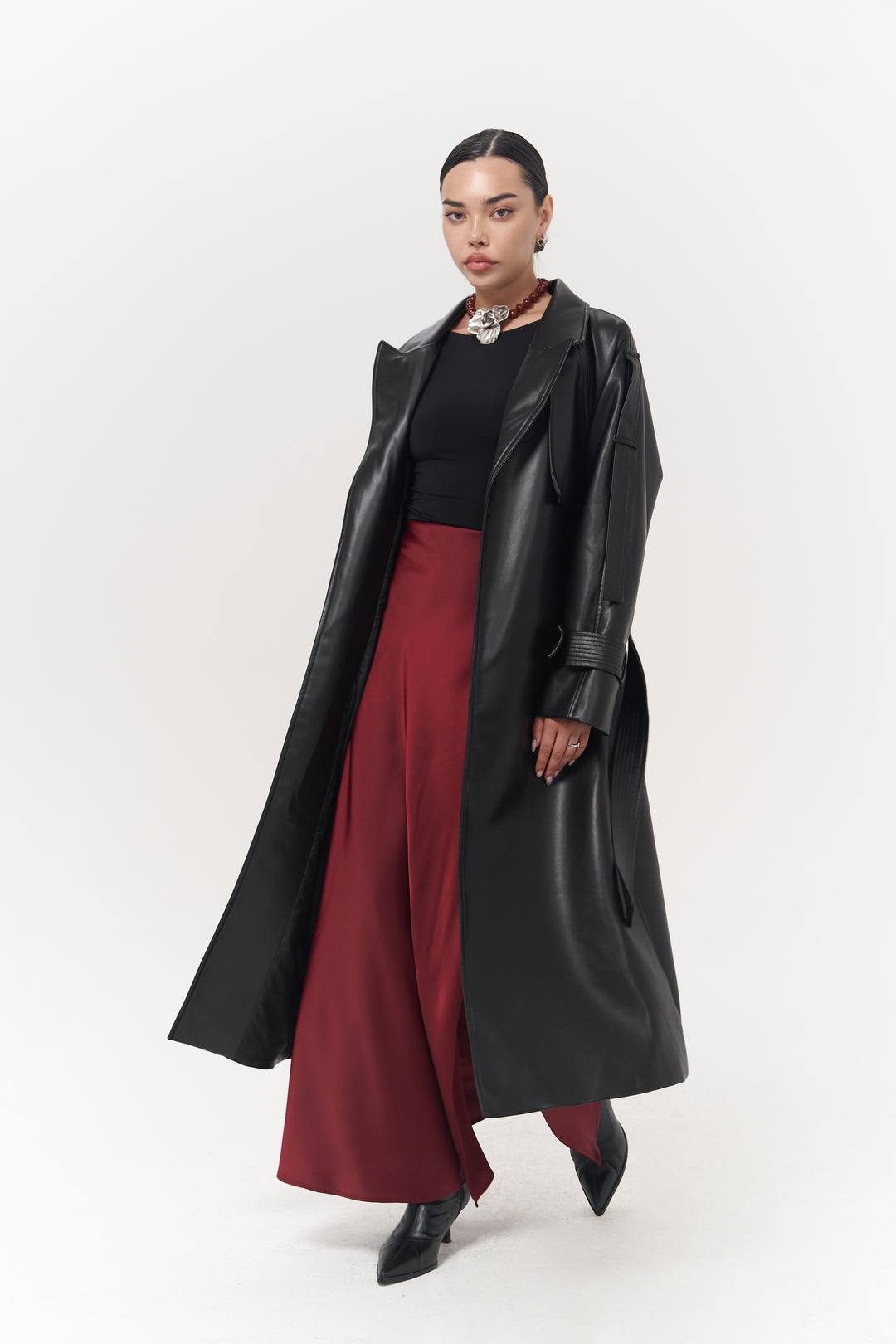 Faux Leather Detailed Herringbone Wool Trench Coat