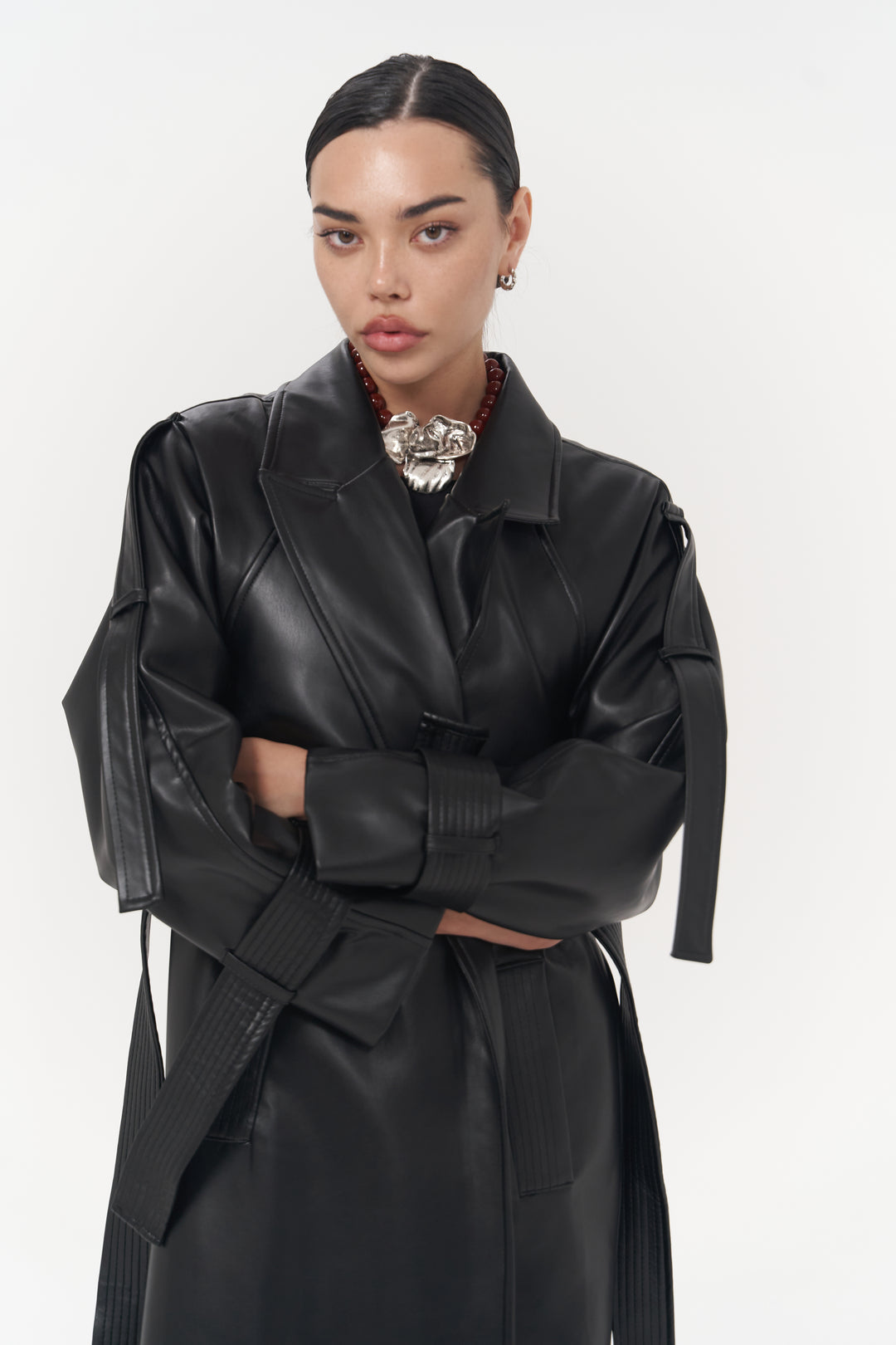 Faux Leather Detailed Herringbone Wool Trench Coat