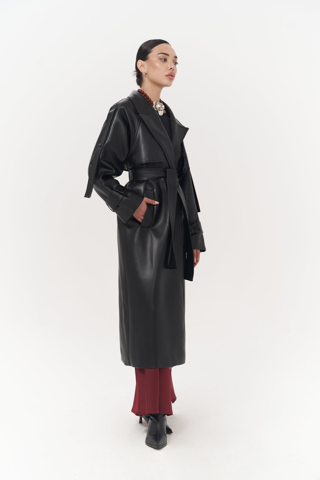 Faux Leather Detailed Herringbone Wool Trench Coat