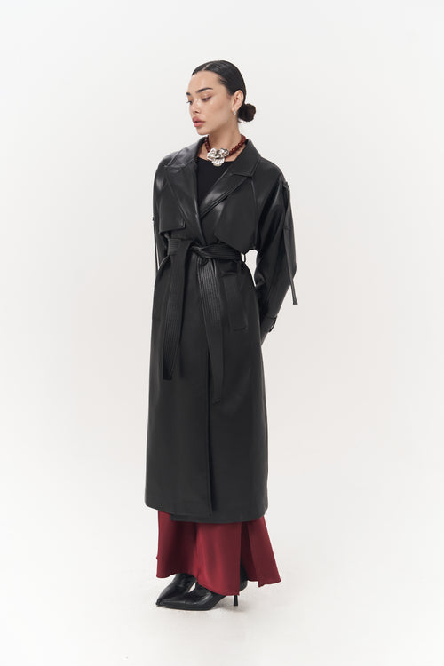 Faux Leather Detailed Herringbone Wool Trench Coat