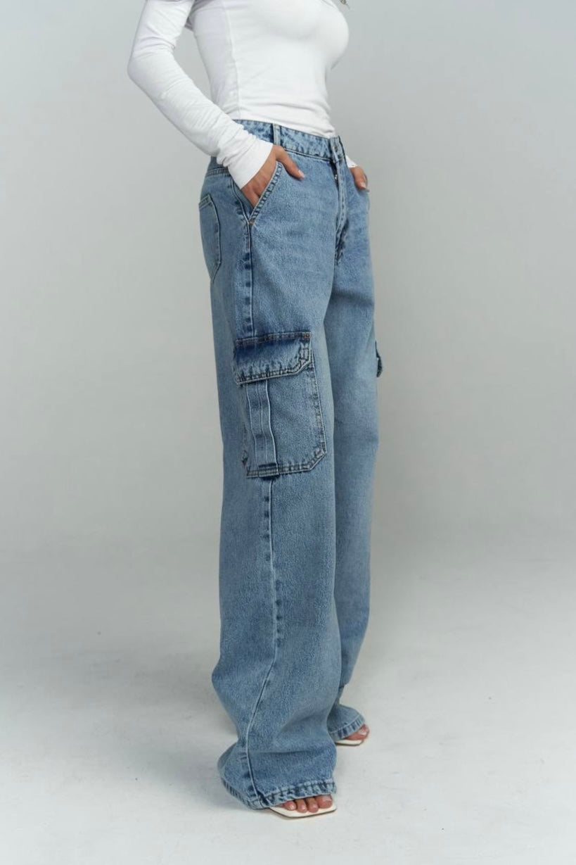 High Waist Denim Cargo Pants