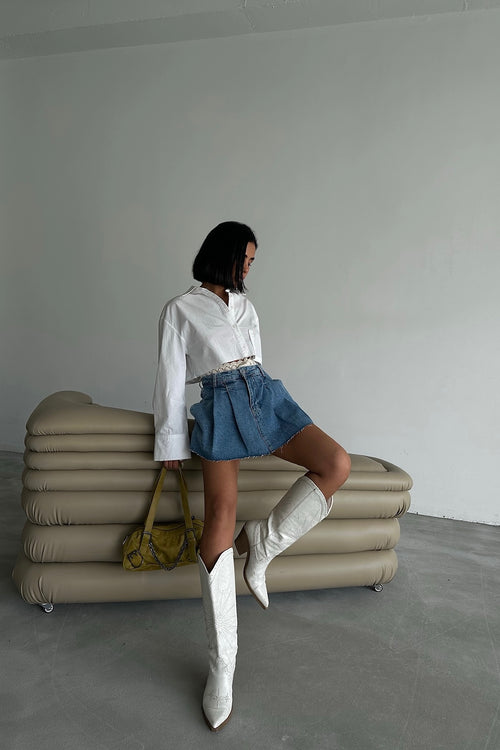 Pleated Denim Mini Skort
