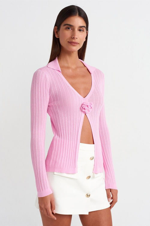 Ribbed Cardigan with Flower Detail