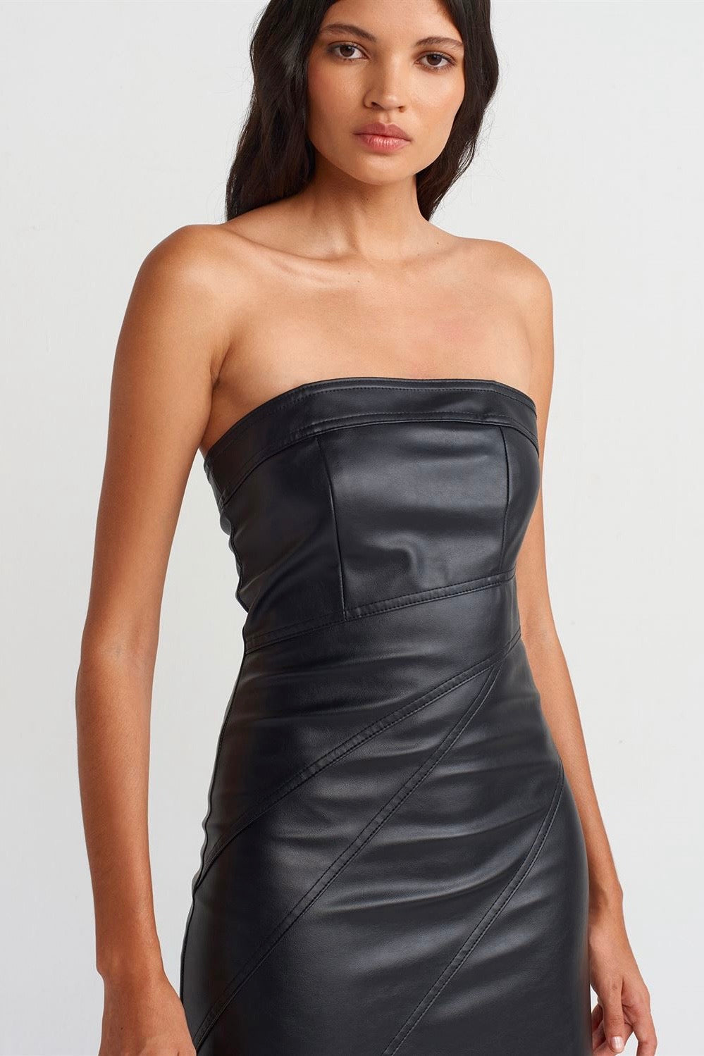 Front Slit Faux Leather Dress