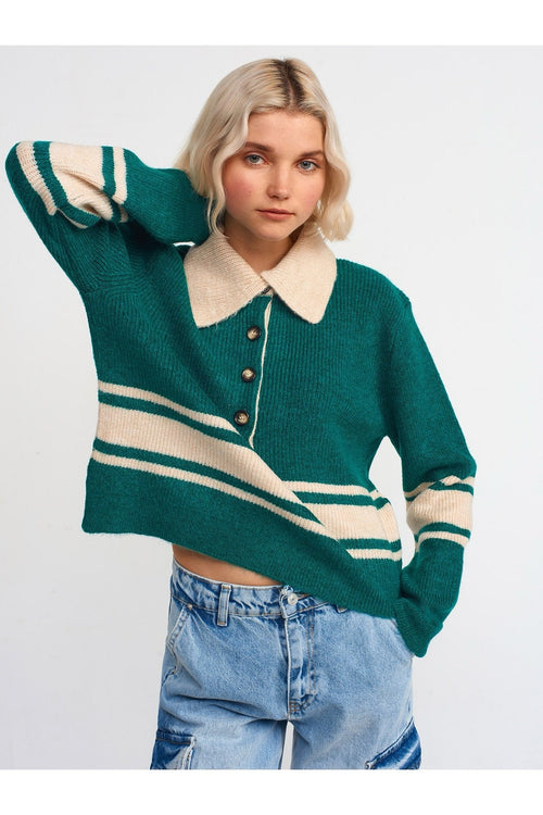 Button Up Neck Green Sweater