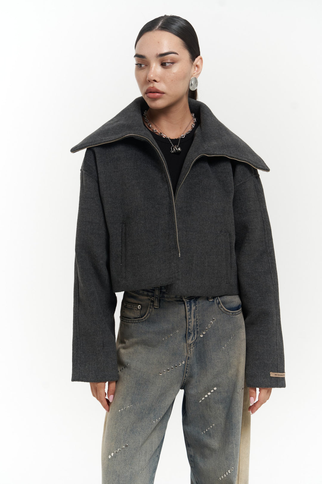 Oversized Funnel Collar Zip-Up Cropped Jacket