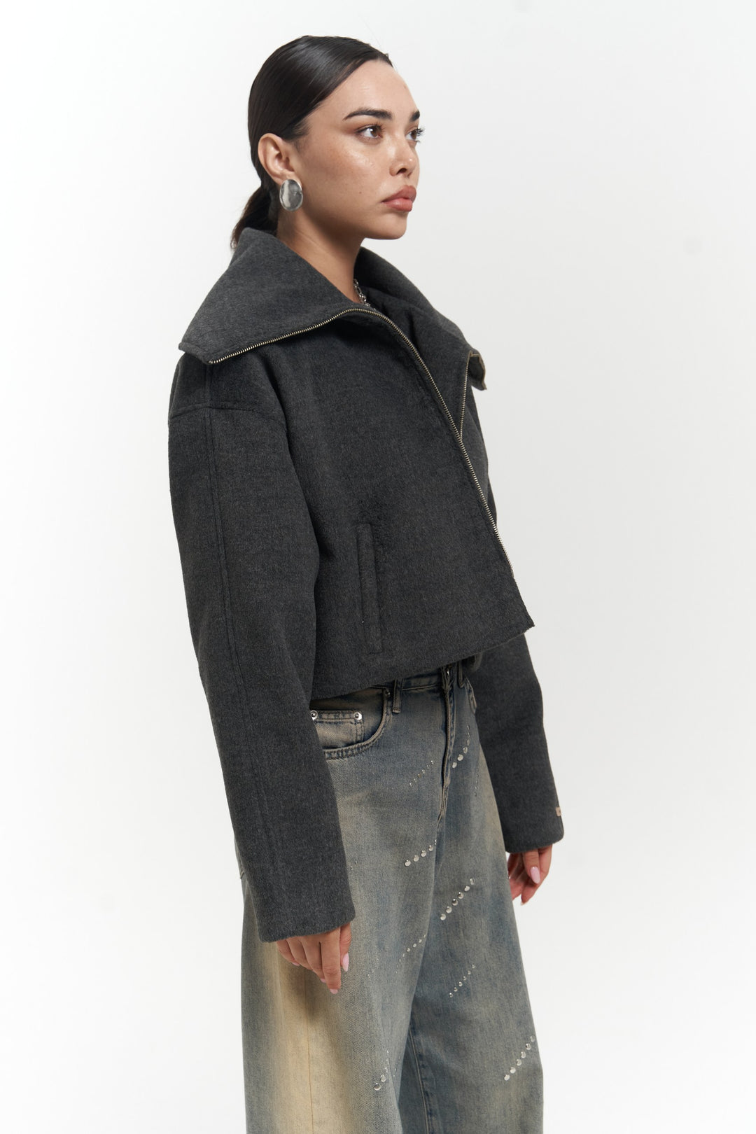 Oversized Funnel Collar Zip-Up Cropped Jacket