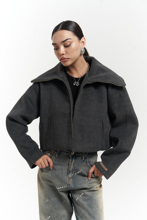 Oversized Funnel Collar Zip-Up Cropped Jacket