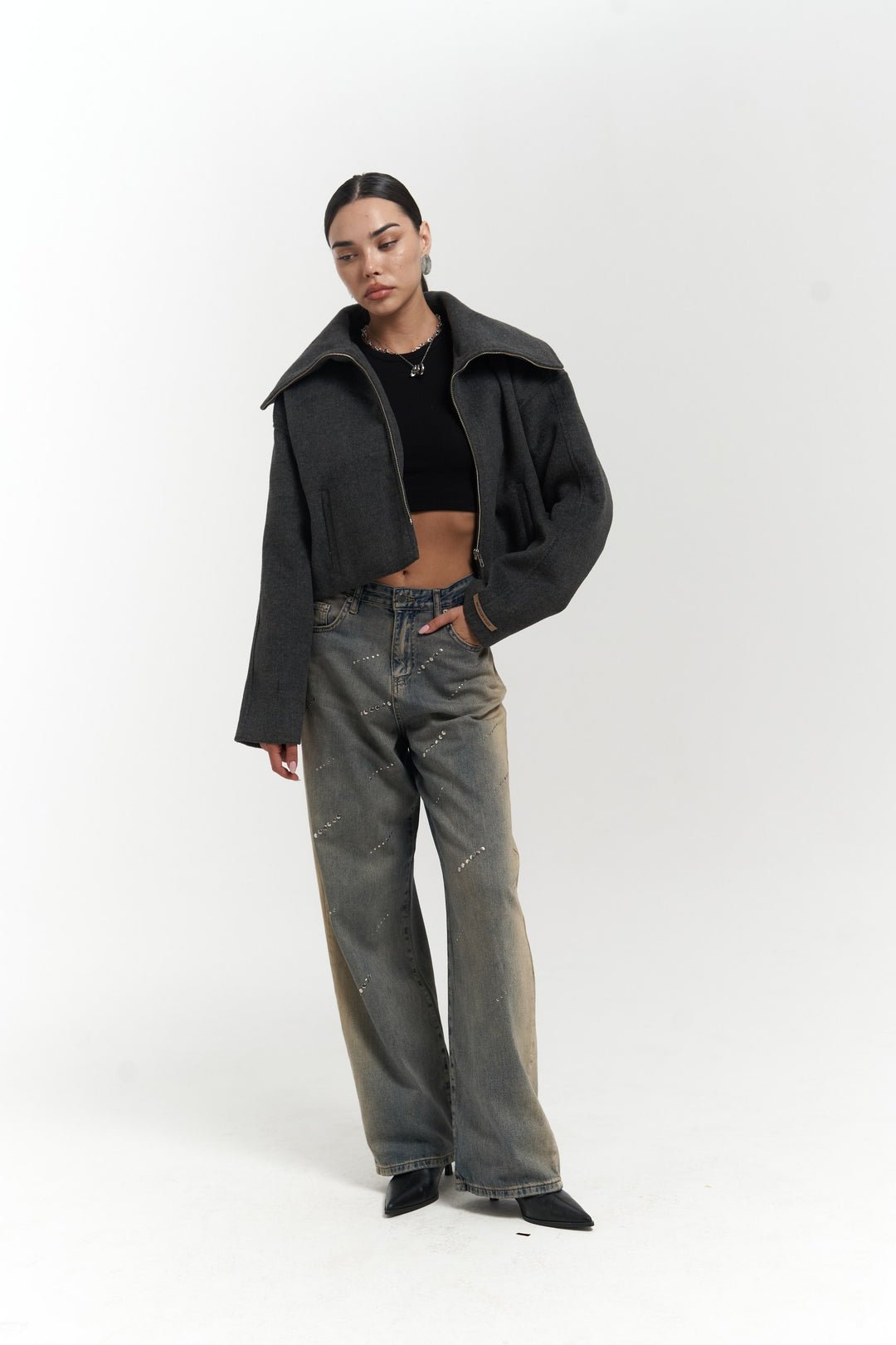 Oversized Funnel Collar Zip-Up Cropped Jacket