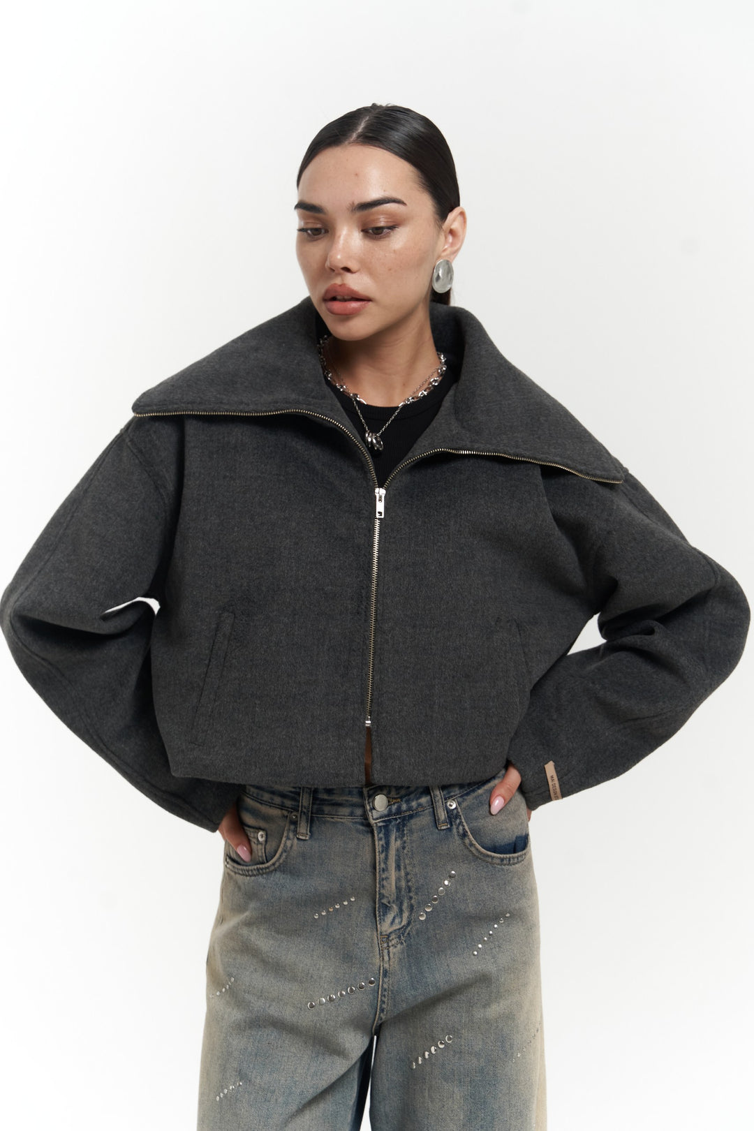 Oversized Funnel Collar Zip-Up Cropped Jacket