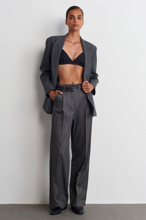 Belted High-Waist Pants - Gray