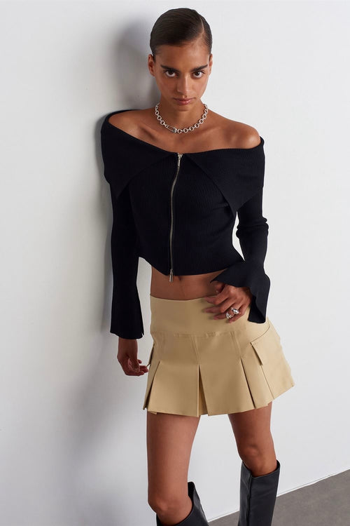 Off-Shoulder Zip-Up Ribbed Top