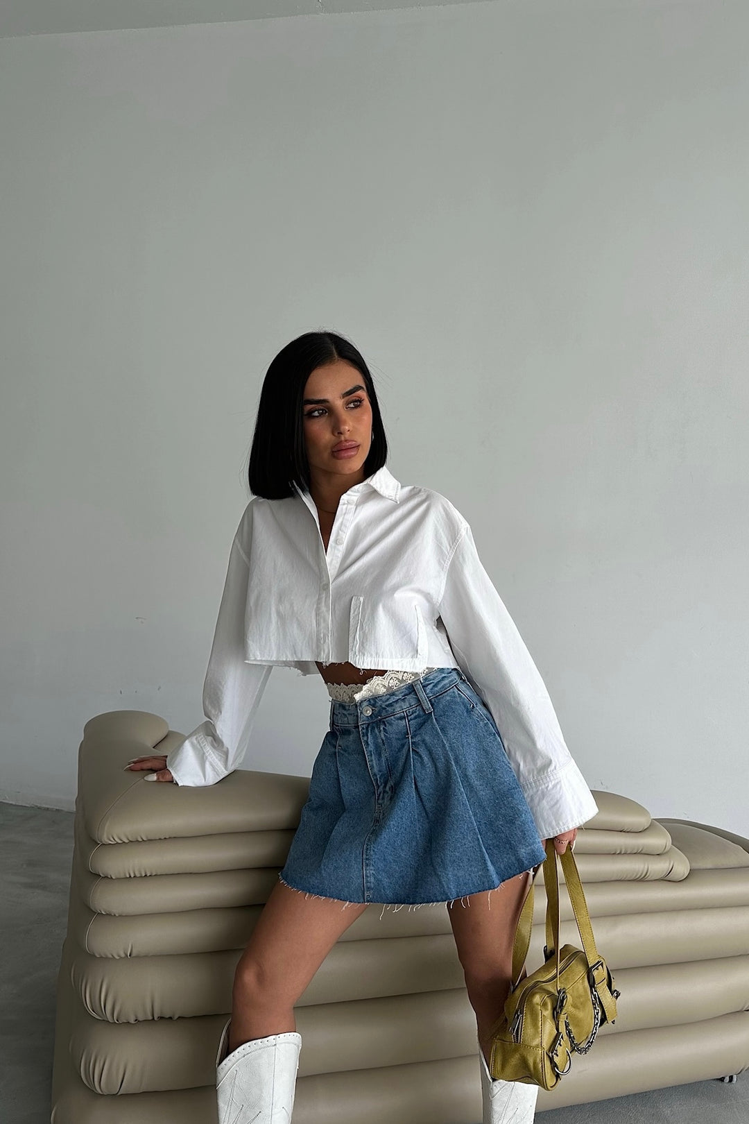 Pleated Denim Mini Skort