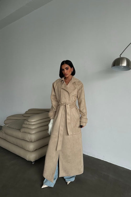 Sand Suede Belted Coat