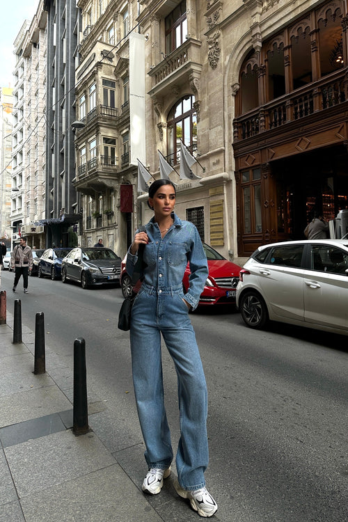 Blue Denim Button Up Jumpsuit