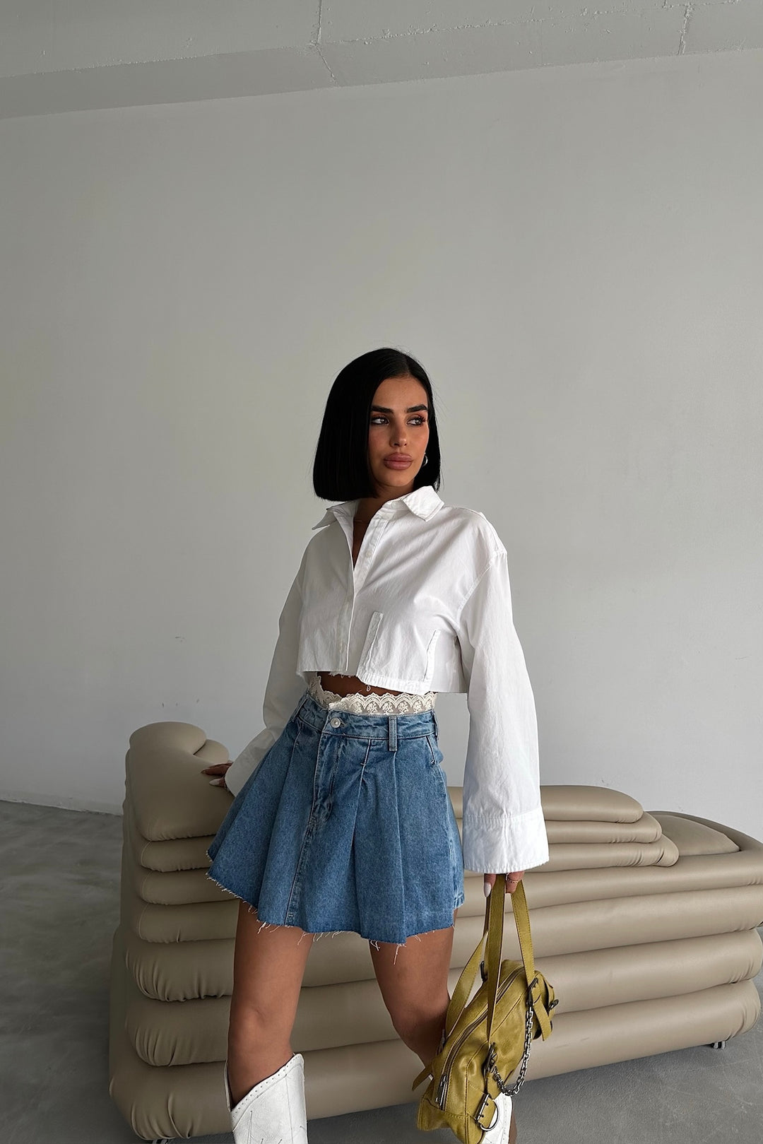 Pleated Denim Mini Skort