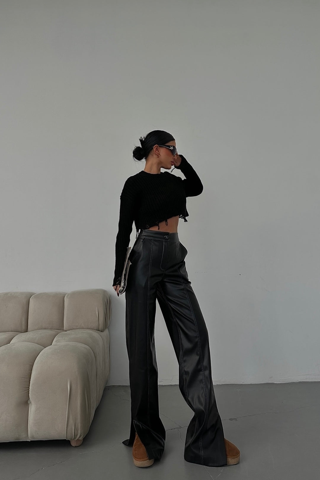 Black Faux Leather Pants with White Stitch