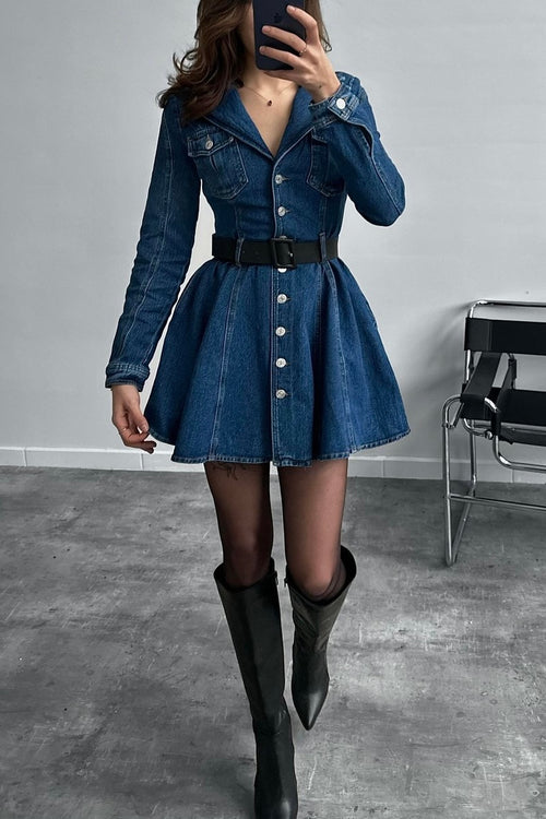 Pleated Long Sleeve Denim Dress