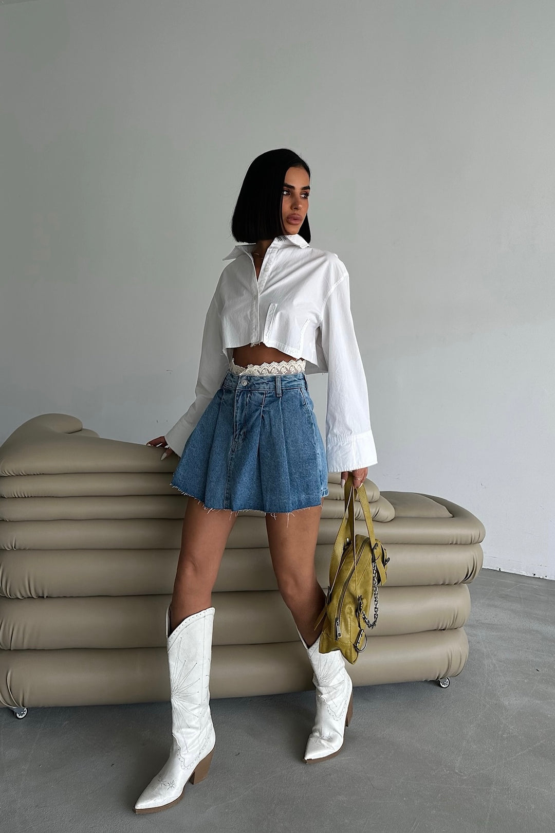 Pleated Denim Mini Skort