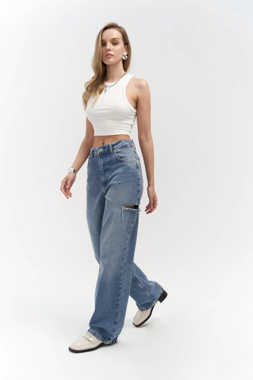 High-Waist Jeans with Contrast Stitching