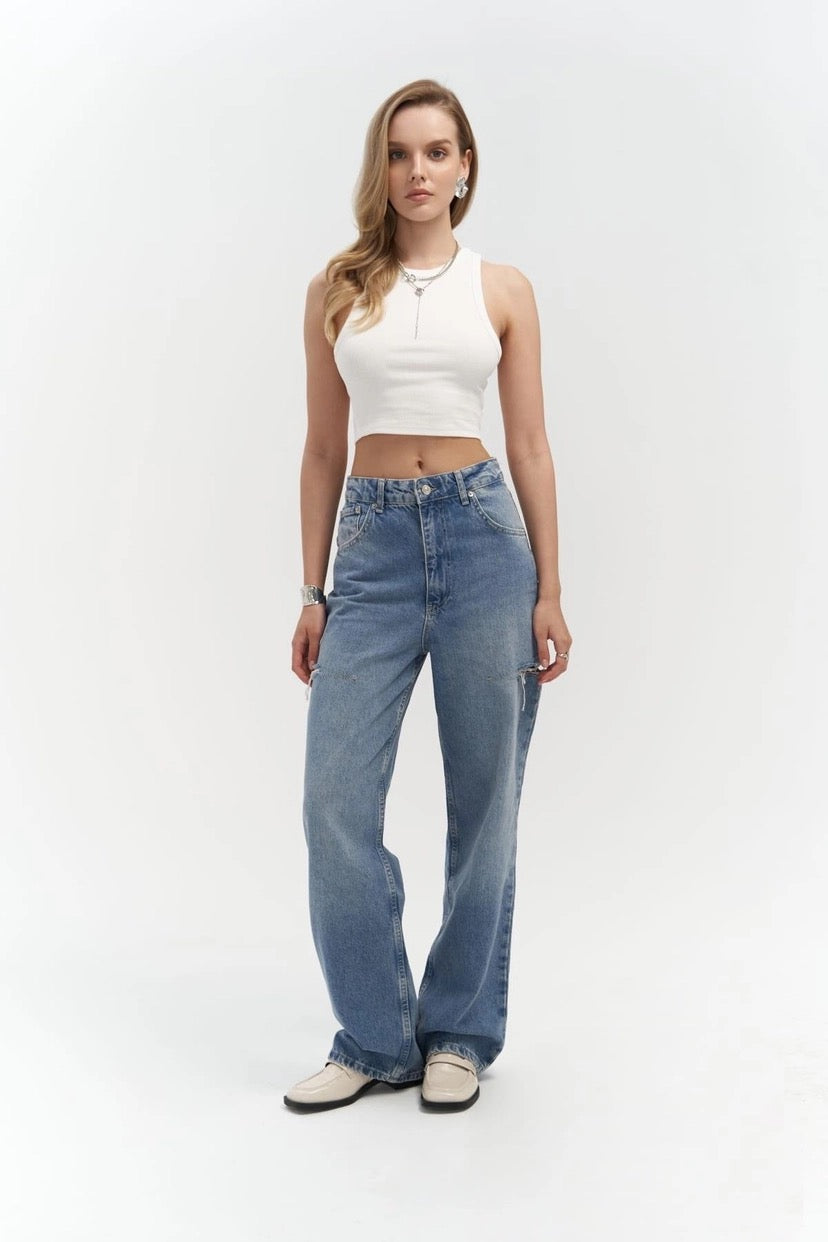 High-Waist Jeans with Contrast Stitching