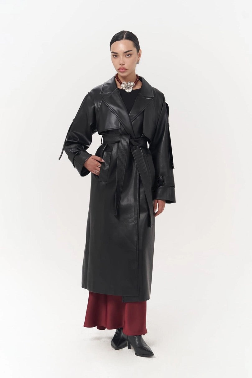 Faux Leather Detailed Herringbone Wool Trench Coat