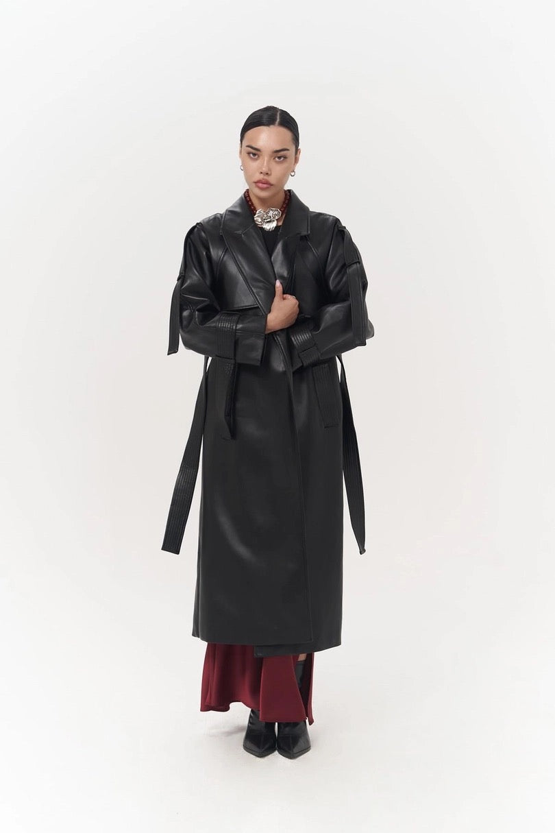 Faux Leather Detailed Herringbone Wool Trench Coat