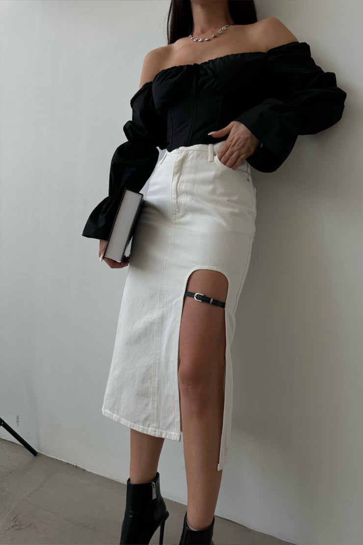 Belt Design Midi Slit Denim Skirt