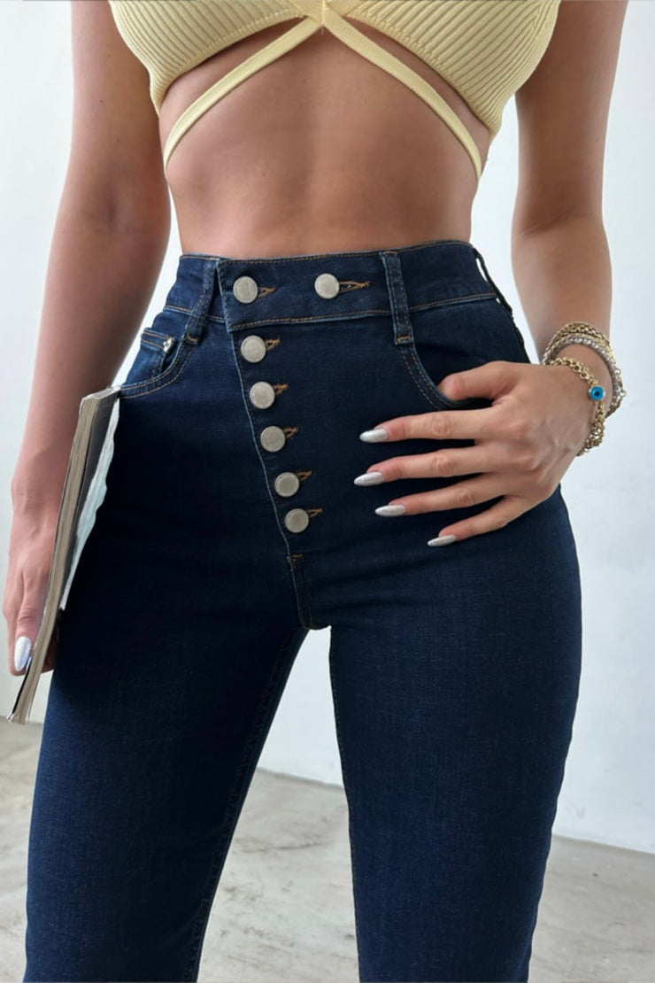Asymmetric Five Buttons Skinny Split Jeans