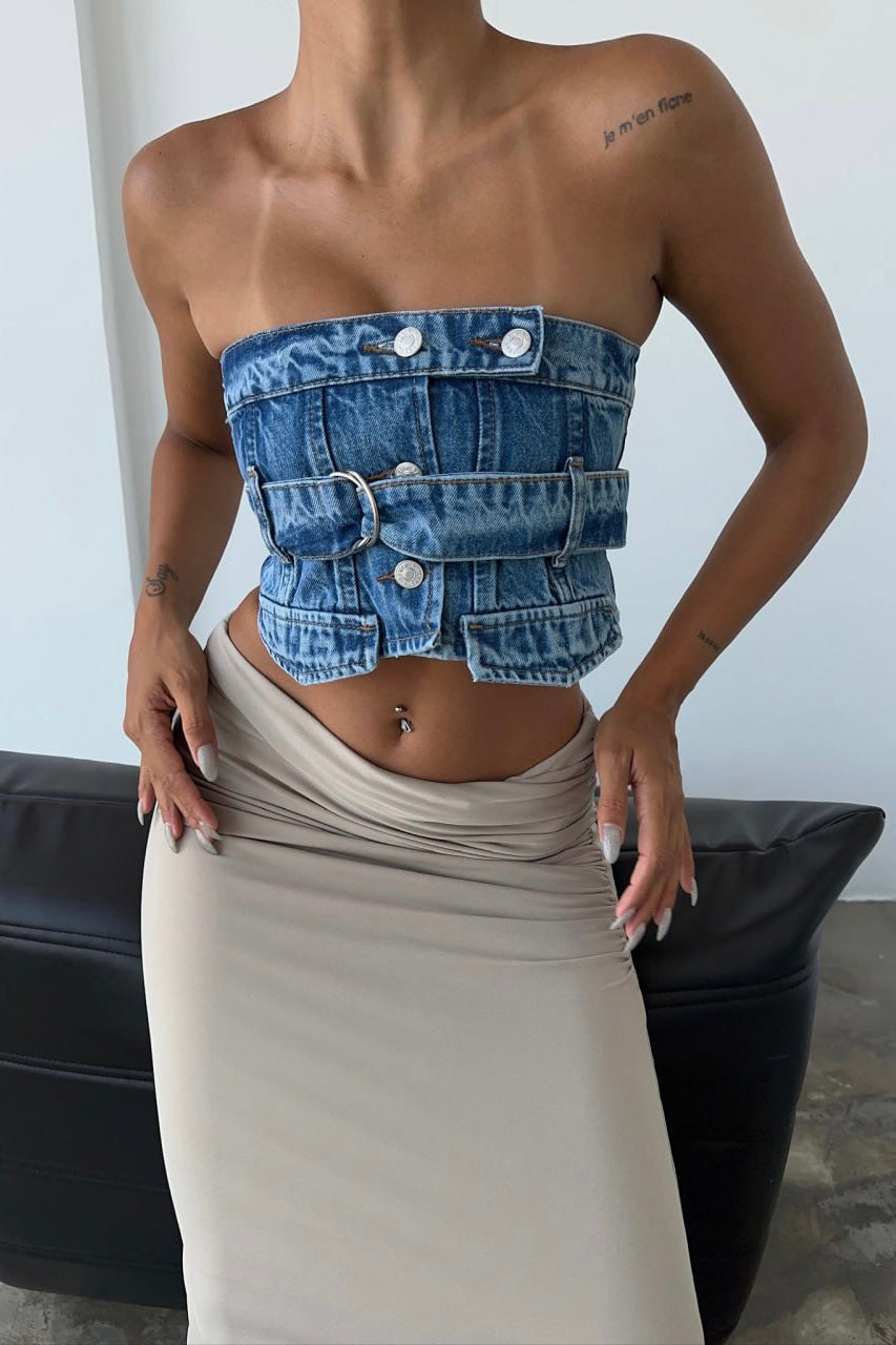 Button Up Belt Over Denim Top