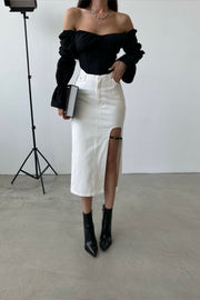 Belt Design Midi Slit Denim Skirt