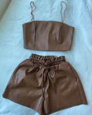 Faux-Leather Top and Shorts Set in Camel