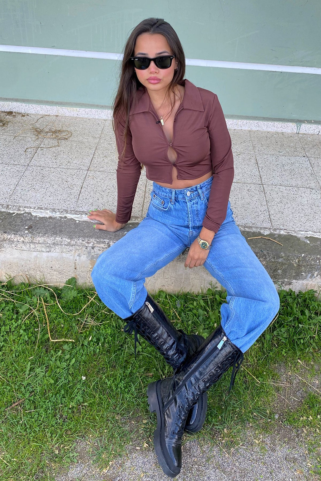 Collar Crop Top In Brown