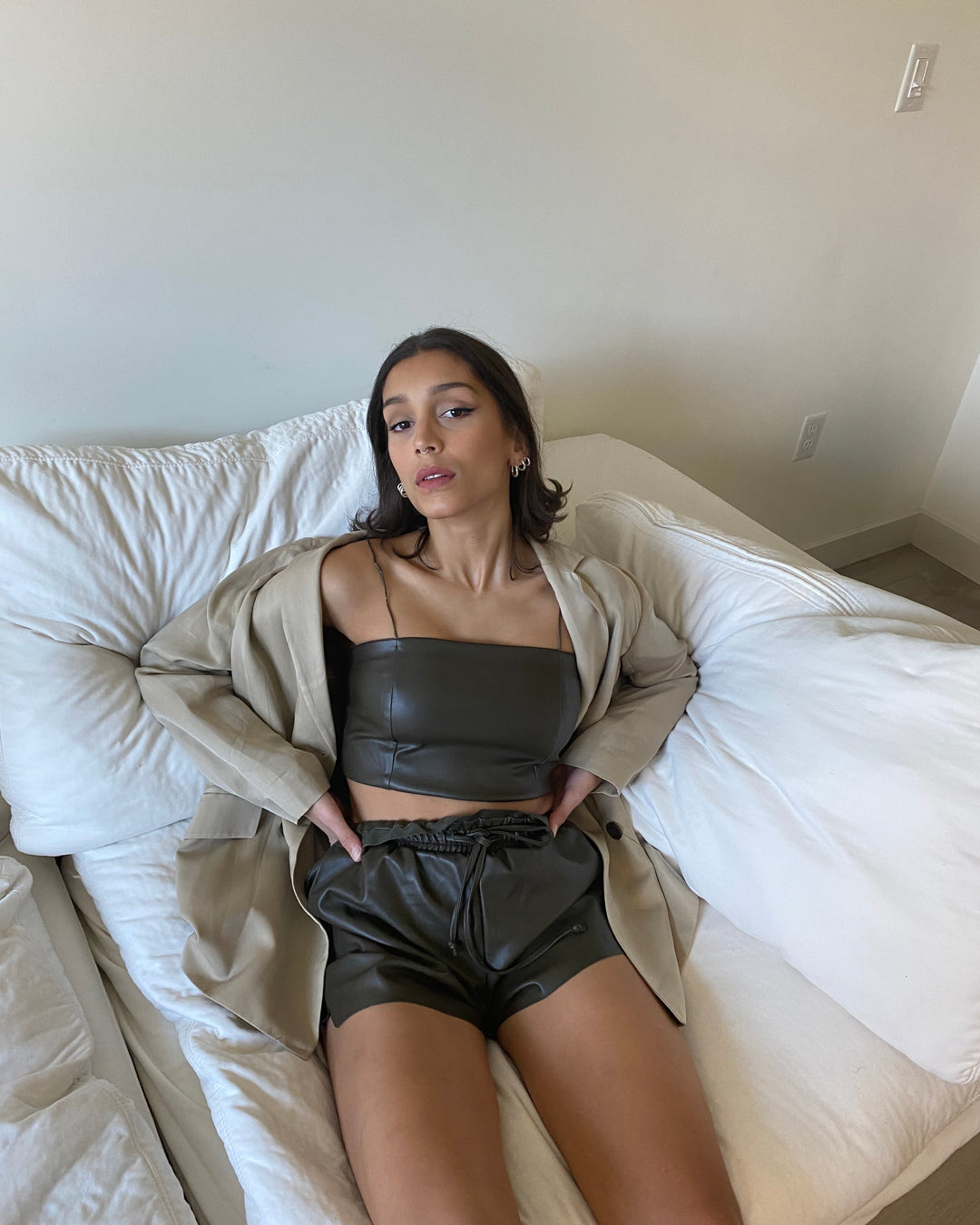 Faux-Leather Top and Shorts Set in Khaki
