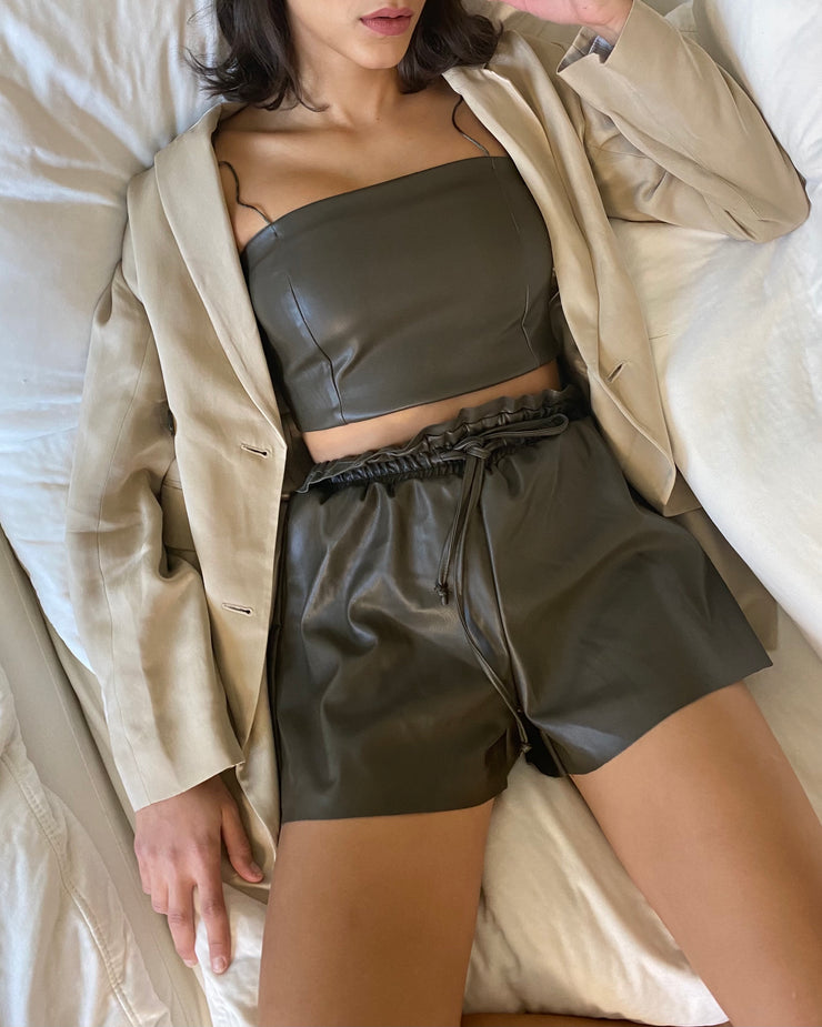 Faux-Leather Top and Shorts Set in Khaki
