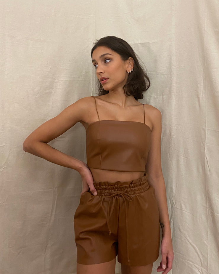 Faux-Leather Top and Shorts Set in Camel
