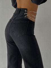 Chain Detail Straight Jeans Black