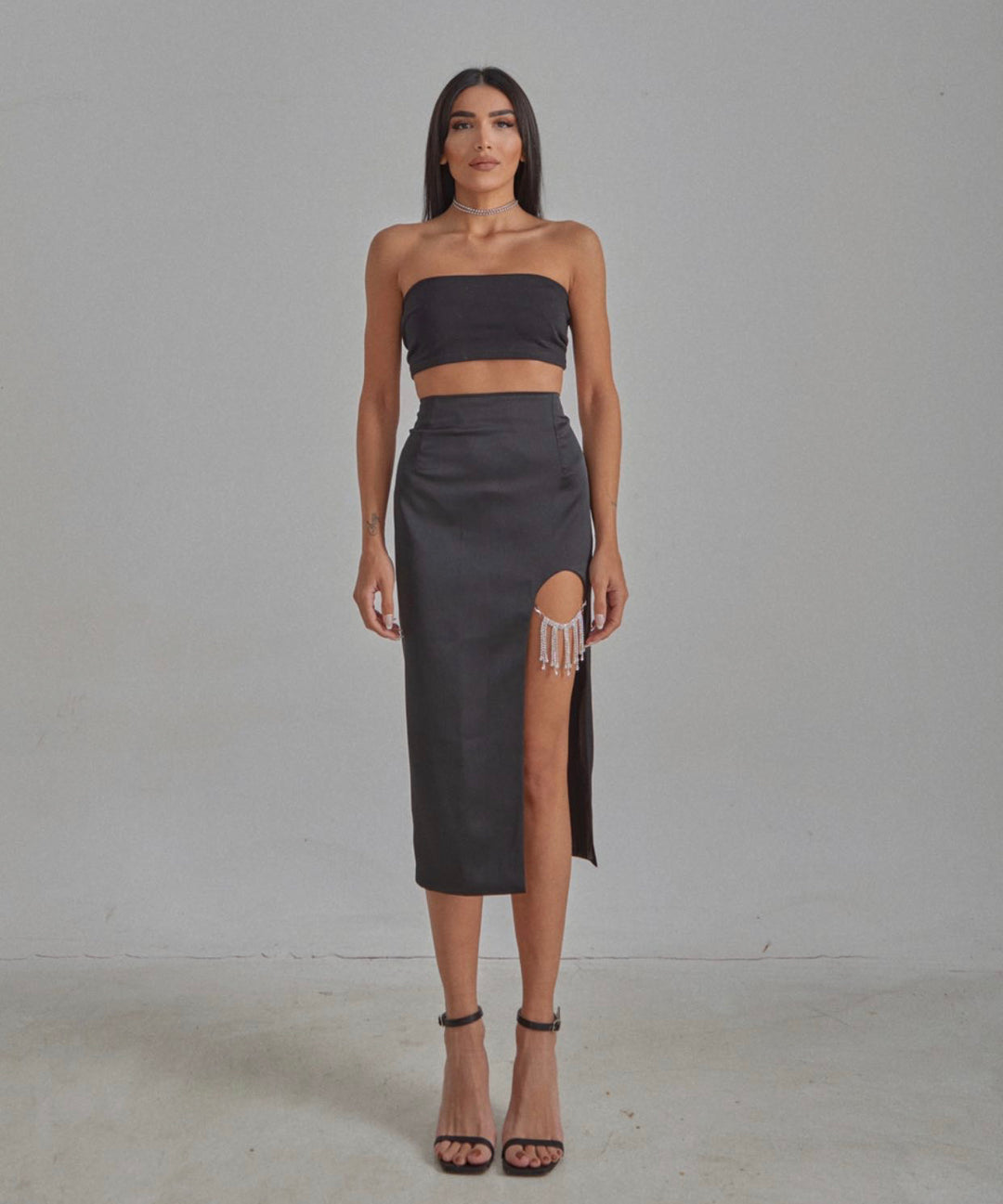 Stone Detailed Slit Skirt