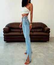 Side Split Hem Light Blue Jeans