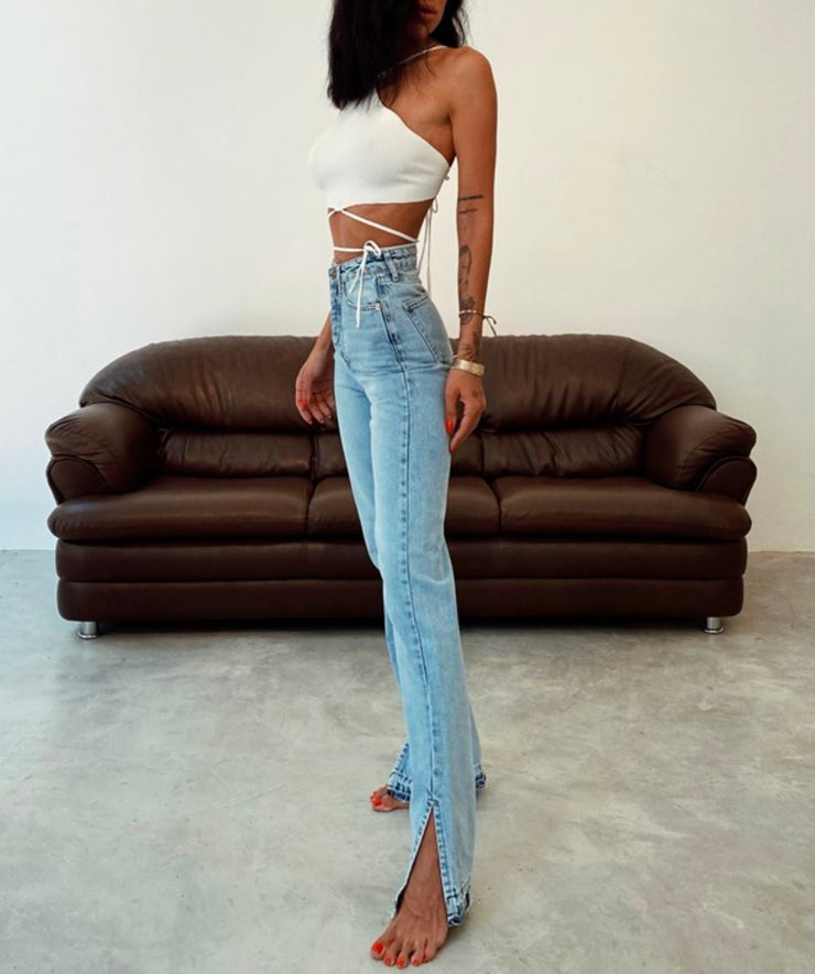 Side Split Hem Light Blue Jeans