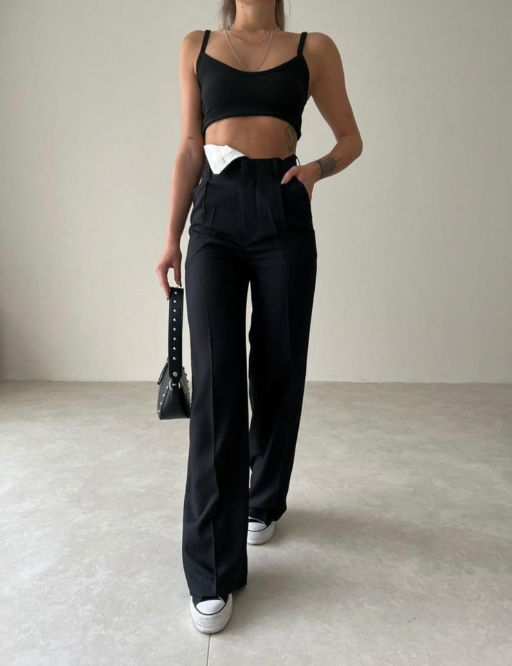 One Side Folded Belt Pants Black – PIRAL